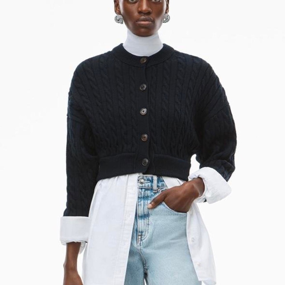 Alexander Wang T bi-layered cable knit cardigan with an oxford shirt lining